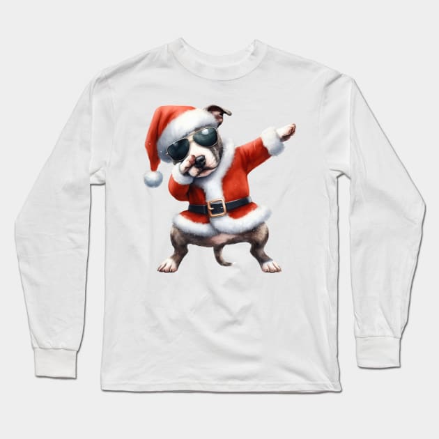 Christmas Staffordshire Bull Terrier Dog Dabbing Dance Long Sleeve T-Shirt by Chromatic Fusion Studio